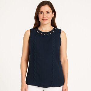 J. Jill Linen Blend Sleeveless Top Navy Cutwork Trim Tank Blouse Women's Medium